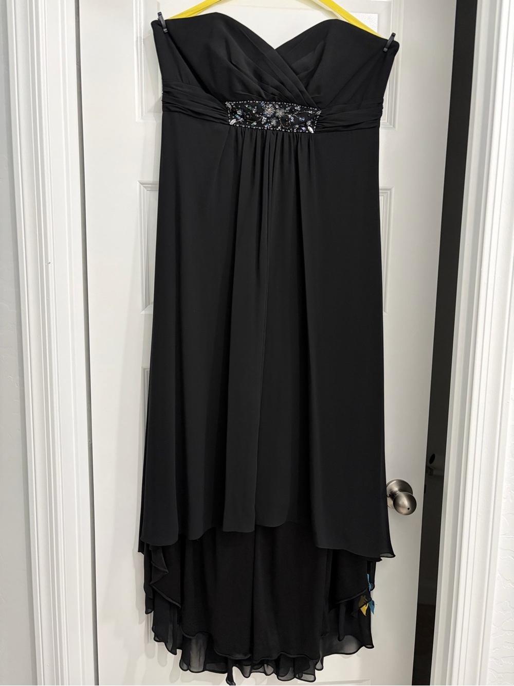 David's Bridal Black Strapless High-Low Evening Dress with Beaded Waist